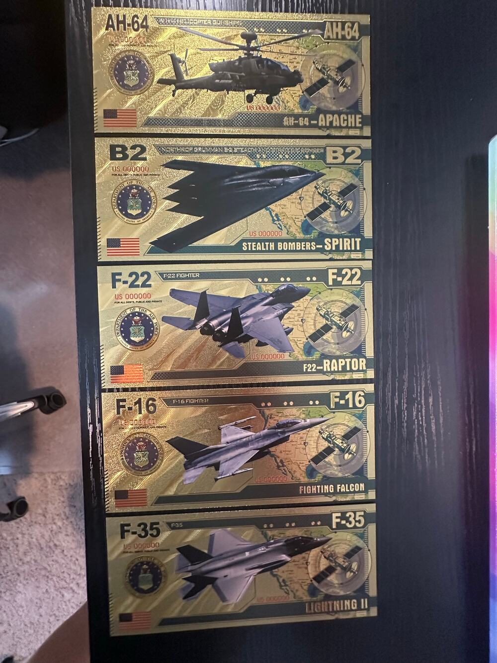 Military Aircraft 5 Piece Gold Foil Novelty Note Set Jets Apache B2